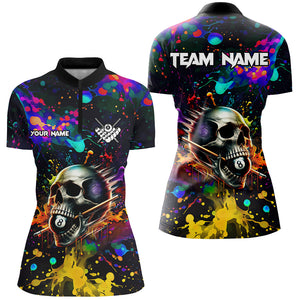 Personalized Colorful Ink Splash Skull Billiard Shirts For Women, Funny Billiard Jerseys Pool Outfit TDM2762