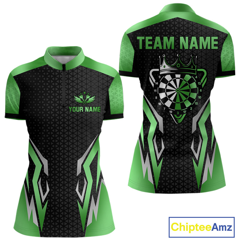 Black And Green Funny Crown Darts Shirt For Women Custom Darts Jerseys Team Polo & Quarter Zip TDM5017