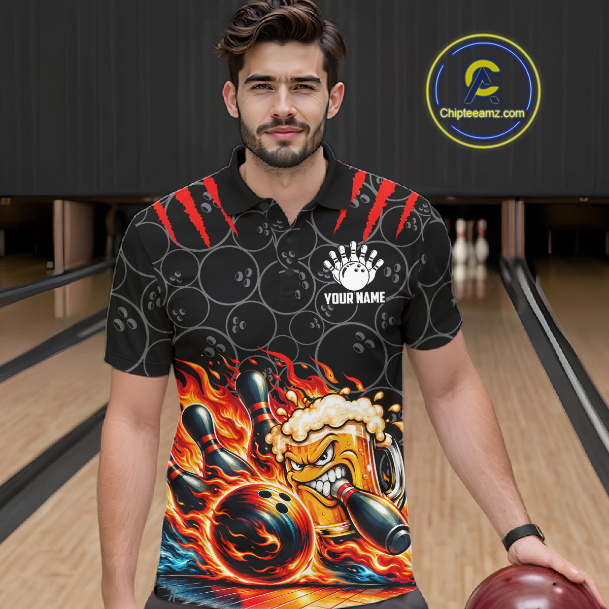 Black And Red Flaming Funny Beer Bowling Shirts For Men Custom Fire Bowling League Team Jersey TDM7908
