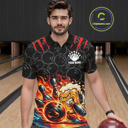 Black And Red Flaming Funny Beer Bowling Shirts For Men Custom Fire Bowling League Team Jersey TDM7908
