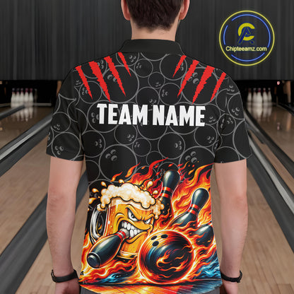 Black And Red Flaming Funny Beer Bowling Shirts For Men Custom Fire Bowling League Team Jersey TDM7908