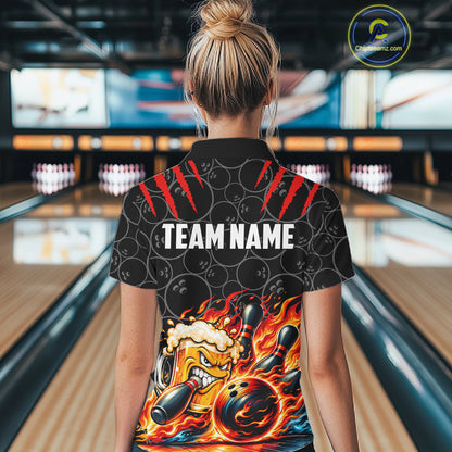 Black And Red Flaming Funny Beer Bowling Shirts For Women Custom Fire Bowling League Team Jersey TDM7908