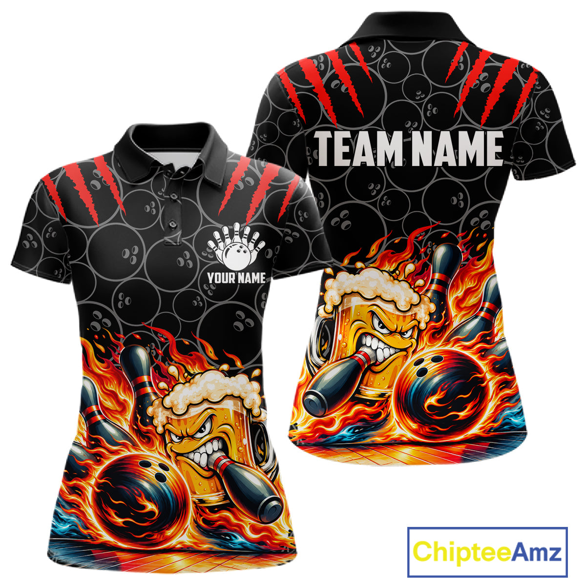 Black And Red Flaming Funny Beer Bowling Shirts For Women Custom Fire Bowling League Team Jersey TDM7908