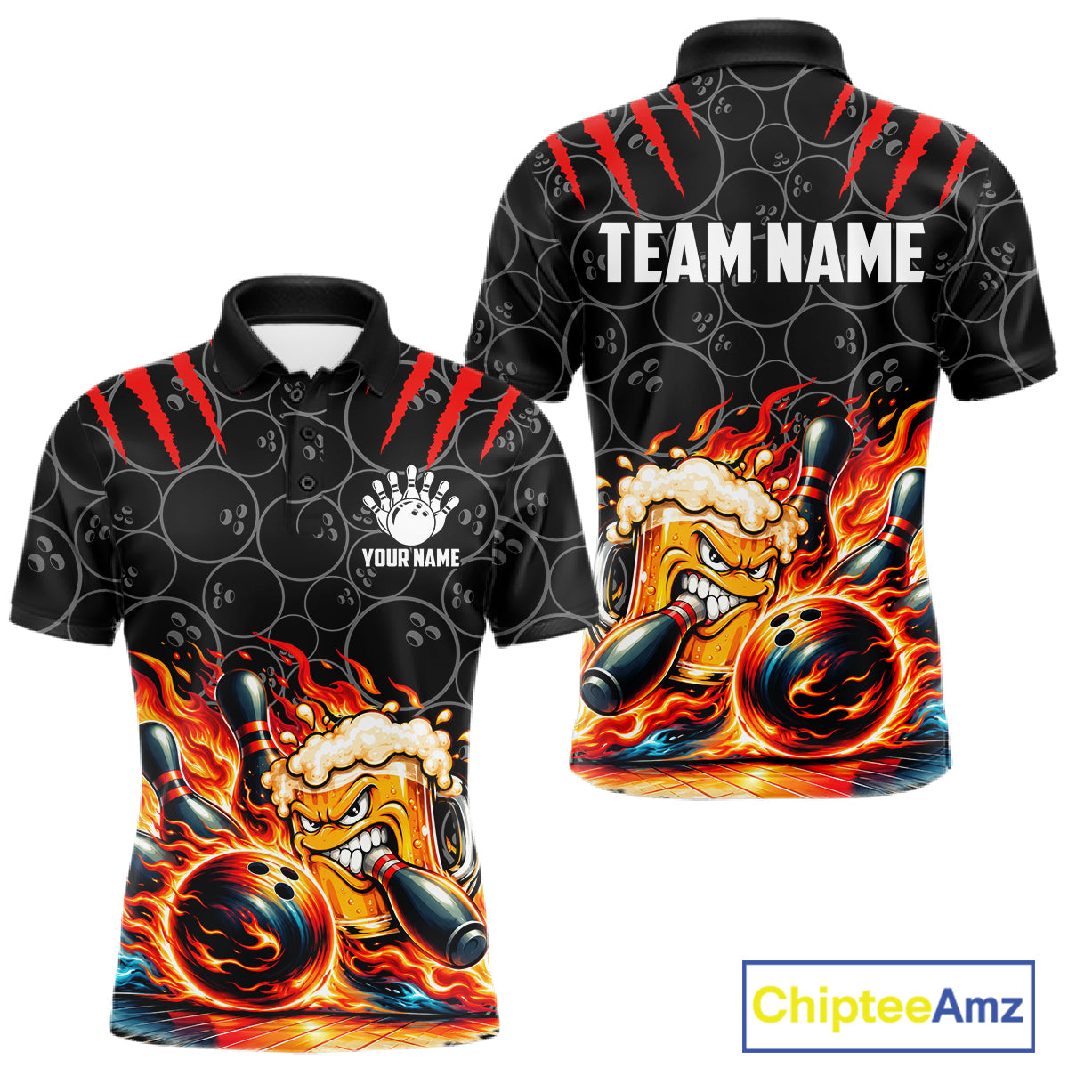Black And Red Flaming Funny Beer Bowling Shirts For Men Custom Fire Bowling League Team Jersey TDM7908