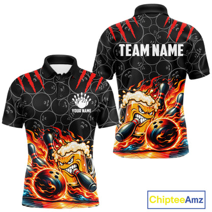 Black And Red Flaming Funny Beer Bowling Shirts For Men Custom Fire Bowling League Team Jersey TDM7908