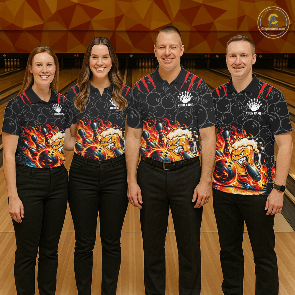 Black And Red Flaming Funny Beer Bowling Shirts For Women Custom Fire Bowling League Team Jersey TDM7908