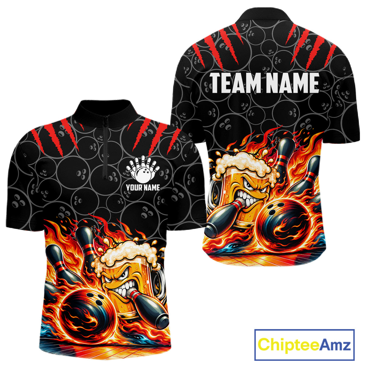Black And Red Flaming Funny Beer Bowling Shirts For Men Custom Fire Bowling League Team Jersey TDM7908
