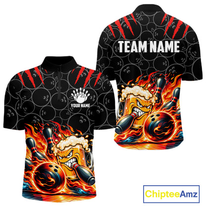 Black And Red Flaming Funny Beer Bowling Shirts For Men Custom Fire Bowling League Team Jersey TDM7908