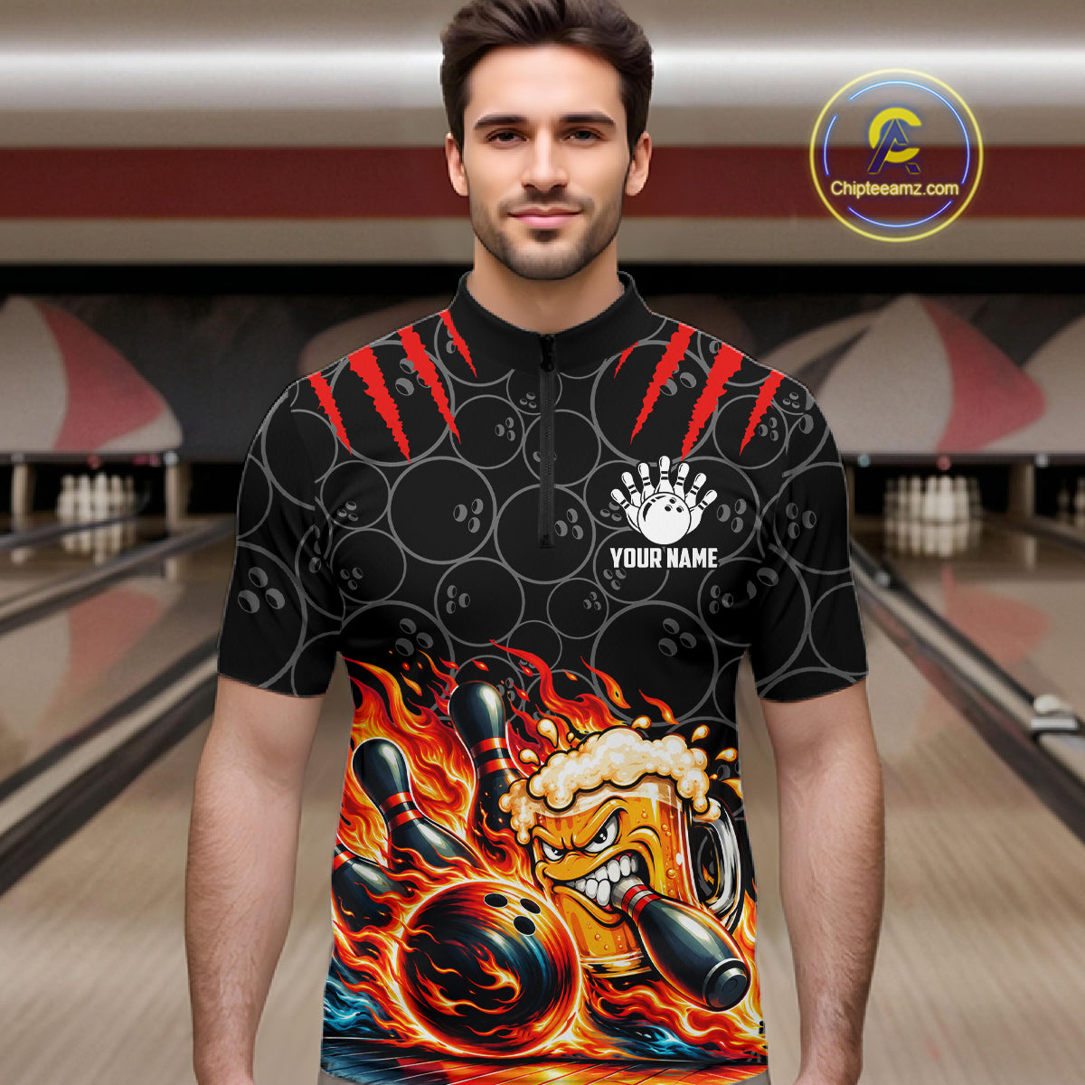 Black And Red Flaming Funny Beer Bowling Shirts For Men Custom Fire Bowling League Team Jersey TDM7908