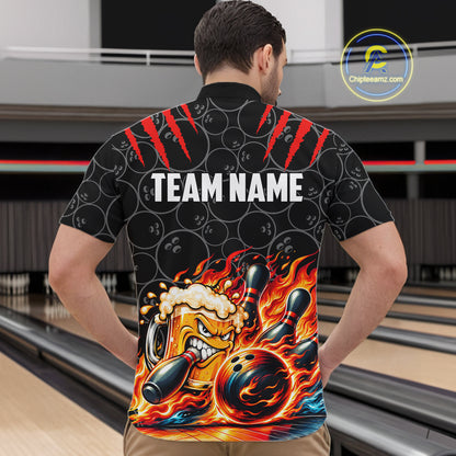 Black And Red Flaming Funny Beer Bowling Shirts For Men Custom Fire Bowling League Team Jersey TDM7908
