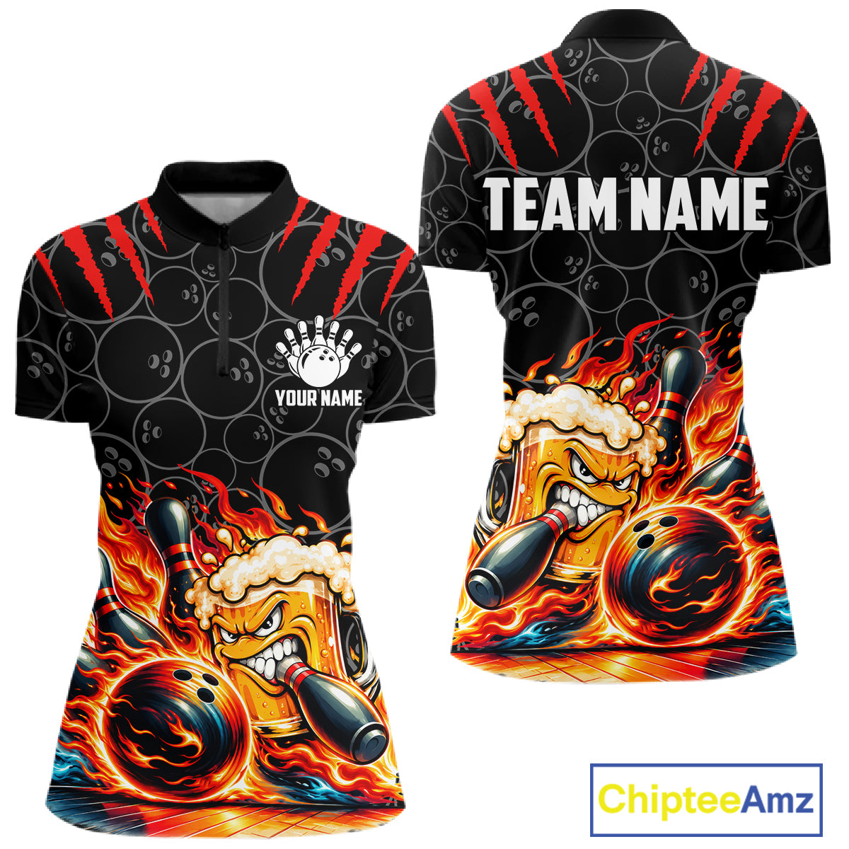 Black And Red Flaming Funny Beer Bowling Shirts For Women Custom Fire Bowling League Team Jersey TDM7908