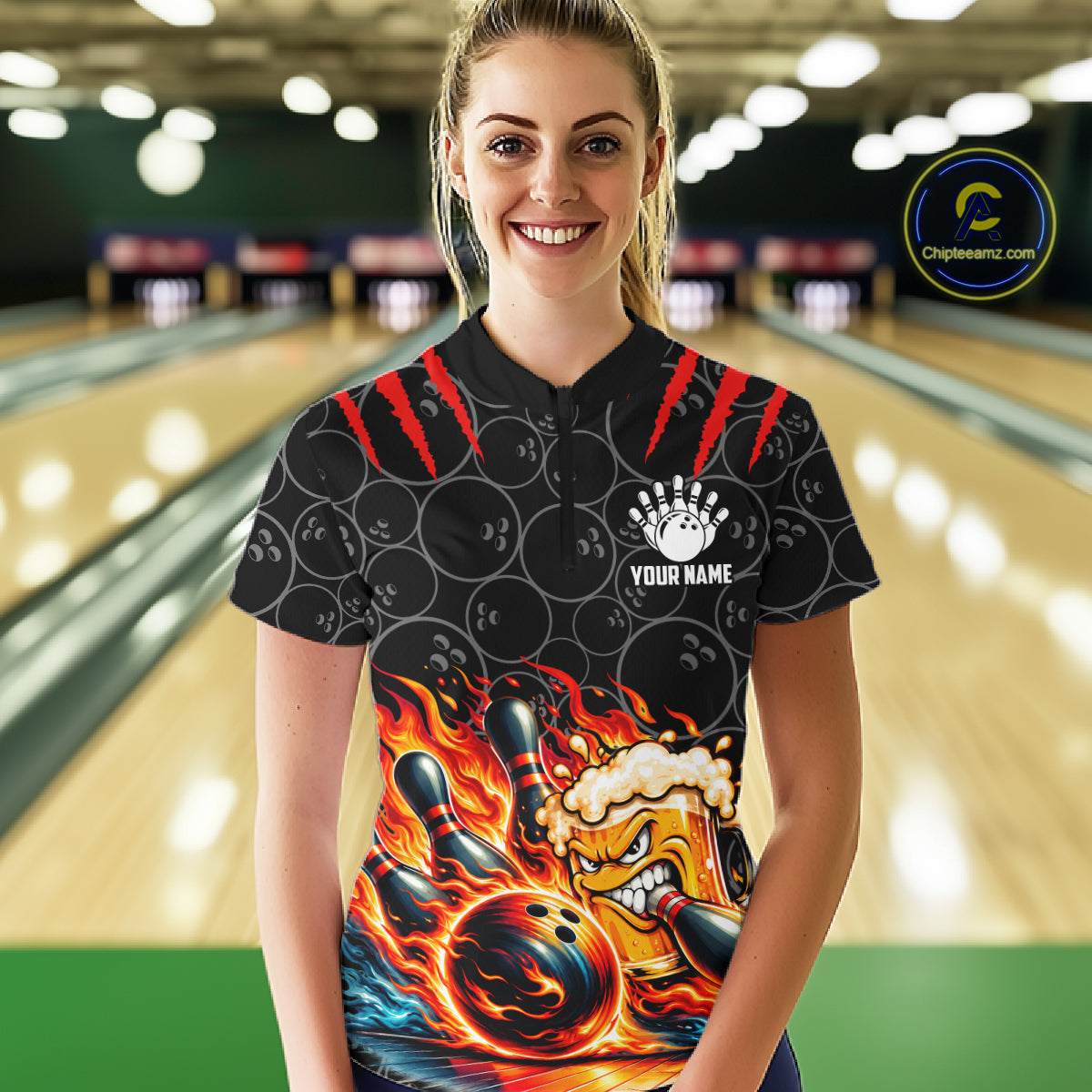 Black And Red Flaming Funny Beer Bowling Shirts For Women Custom Fire Bowling League Team Jersey TDM7908