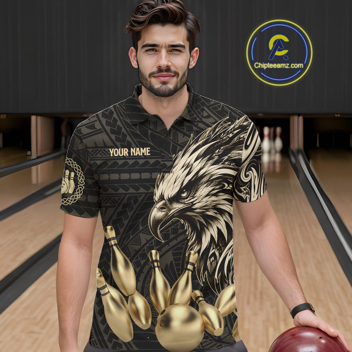Black And Gold Custom Eagle Tribal Bowling Shirt For Men, Retro Bowling Team Jersey Polo & 1/4 Zip TDM7909