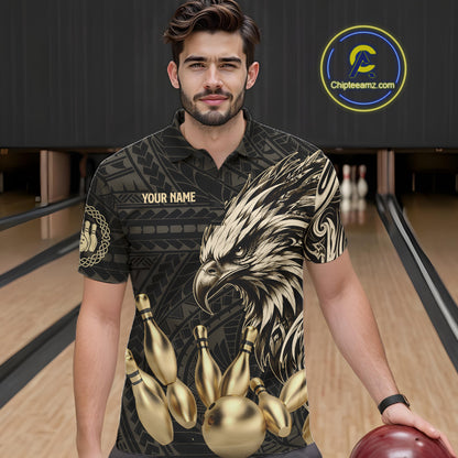 Black And Gold Custom Eagle Tribal Bowling Shirt For Men, Retro Bowling Team Jersey Polo & 1/4 Zip TDM7909