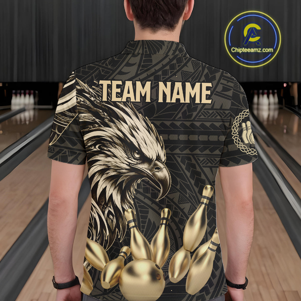 Black And Gold Custom Eagle Tribal Bowling Shirt For Men, Retro Bowling Team Jersey Polo & 1/4 Zip TDM7909