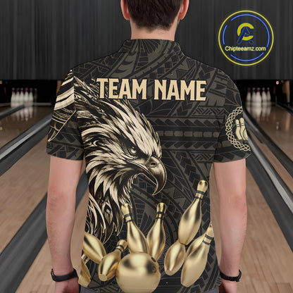 Black And Gold Custom Eagle Tribal Bowling Shirt For Men, Retro Bowling Team Jersey Polo & 1/4 Zip TDM7909