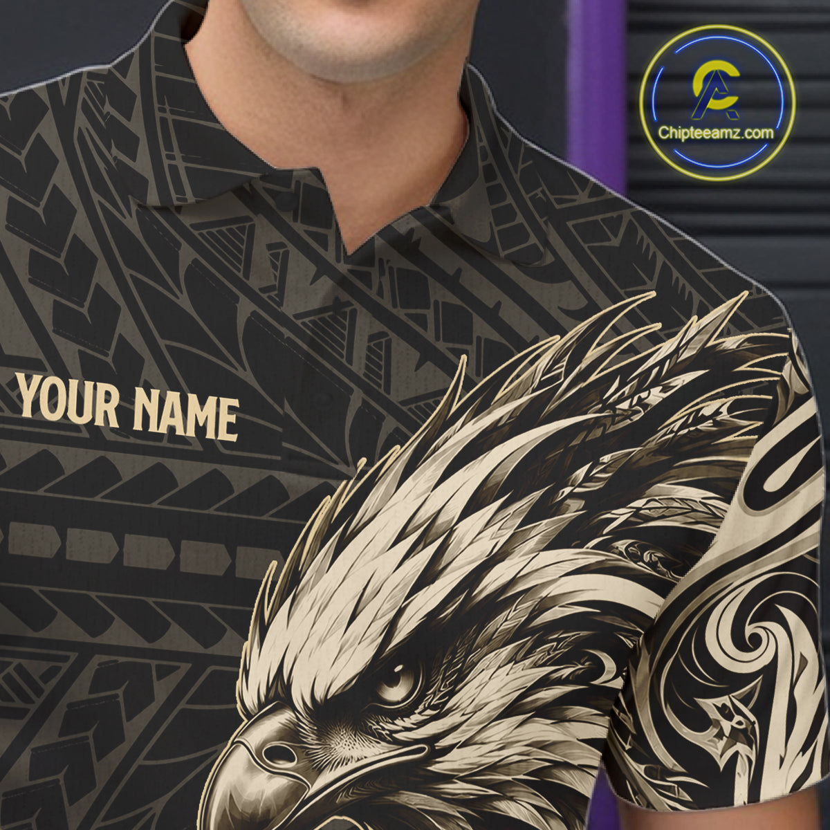 Black And Gold Custom Eagle Tribal Bowling Shirt For Men, Retro Bowling Team Jersey Polo & 1/4 Zip TDM7909