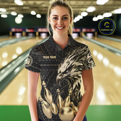 Black And Gold Custom Eagle Tribal Bowling Shirt For Women, Retro Bowling Team Jersey Polo & 1/4 Zip TDM7909
