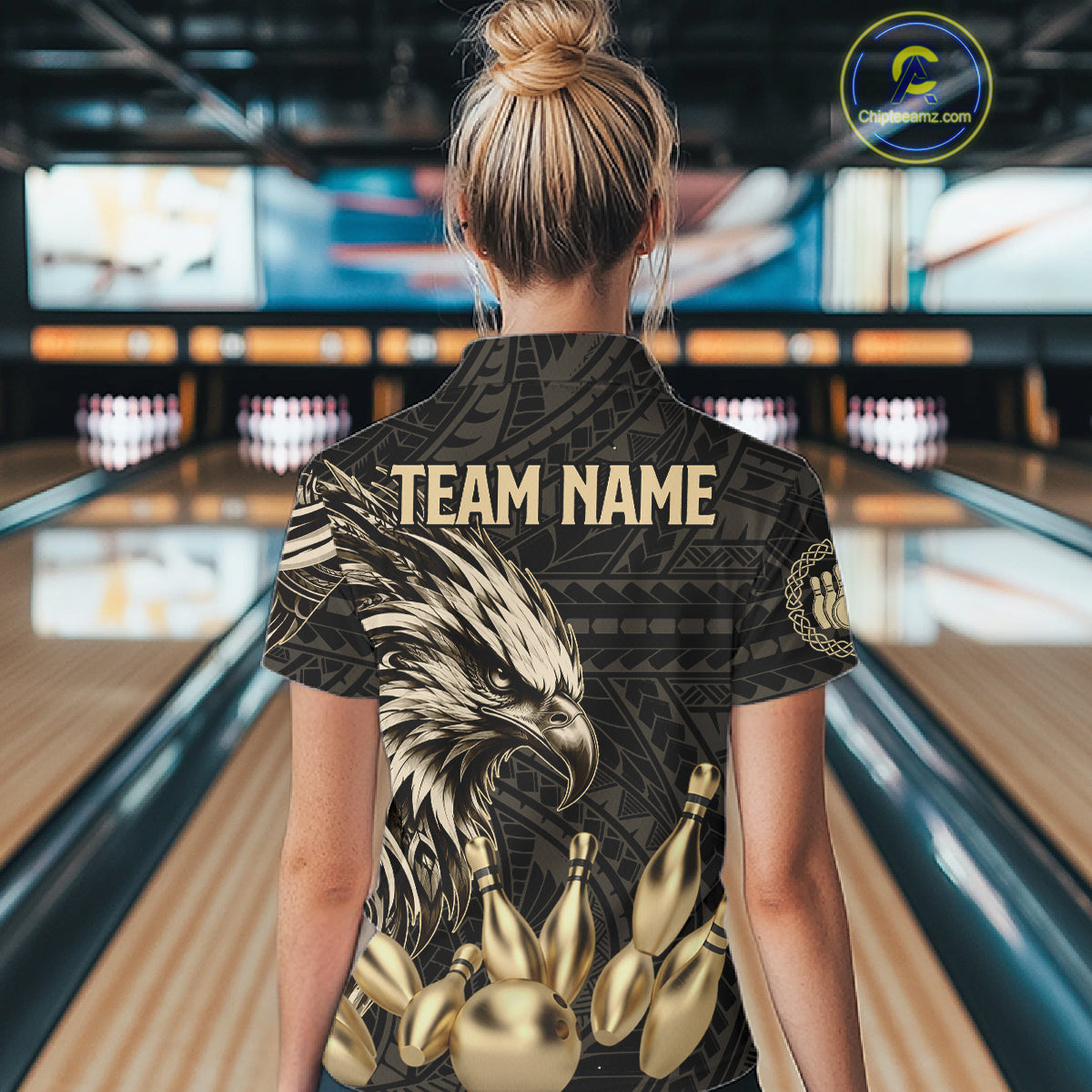 Black And Gold Custom Eagle Tribal Bowling Shirt For Women, Retro Bowling Team Jersey Polo & 1/4 Zip TDM7909
