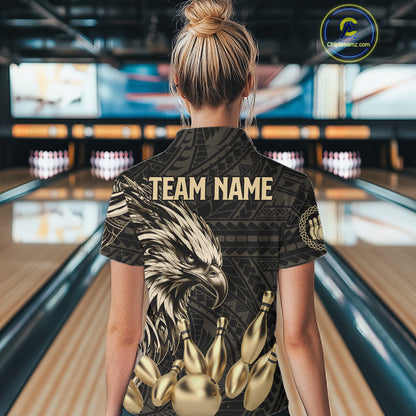 Black And Gold Custom Eagle Tribal Bowling Shirt For Women, Retro Bowling Team Jersey Polo & 1/4 Zip TDM7909