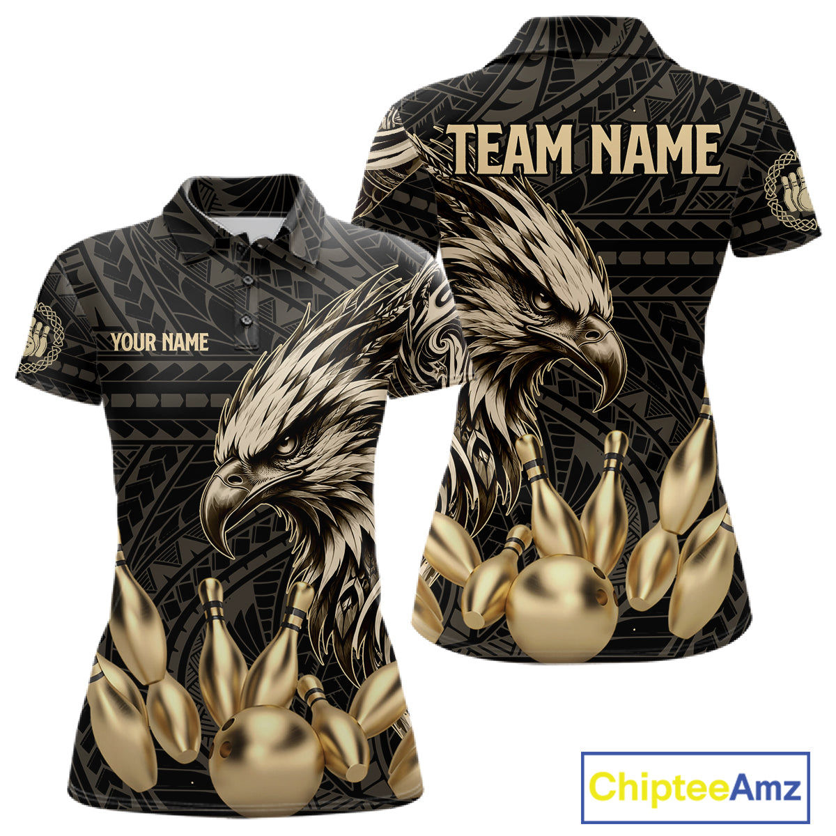 Black And Gold Custom Eagle Tribal Bowling Shirt For Women, Retro Bowling Team Jersey Polo & 1/4 Zip TDM7909