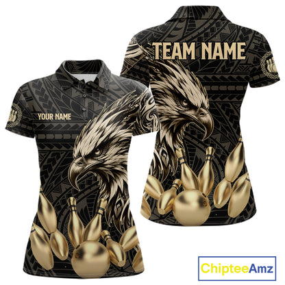 Black And Gold Custom Eagle Tribal Bowling Shirt For Women, Retro Bowling Team Jersey Polo & 1/4 Zip TDM7909