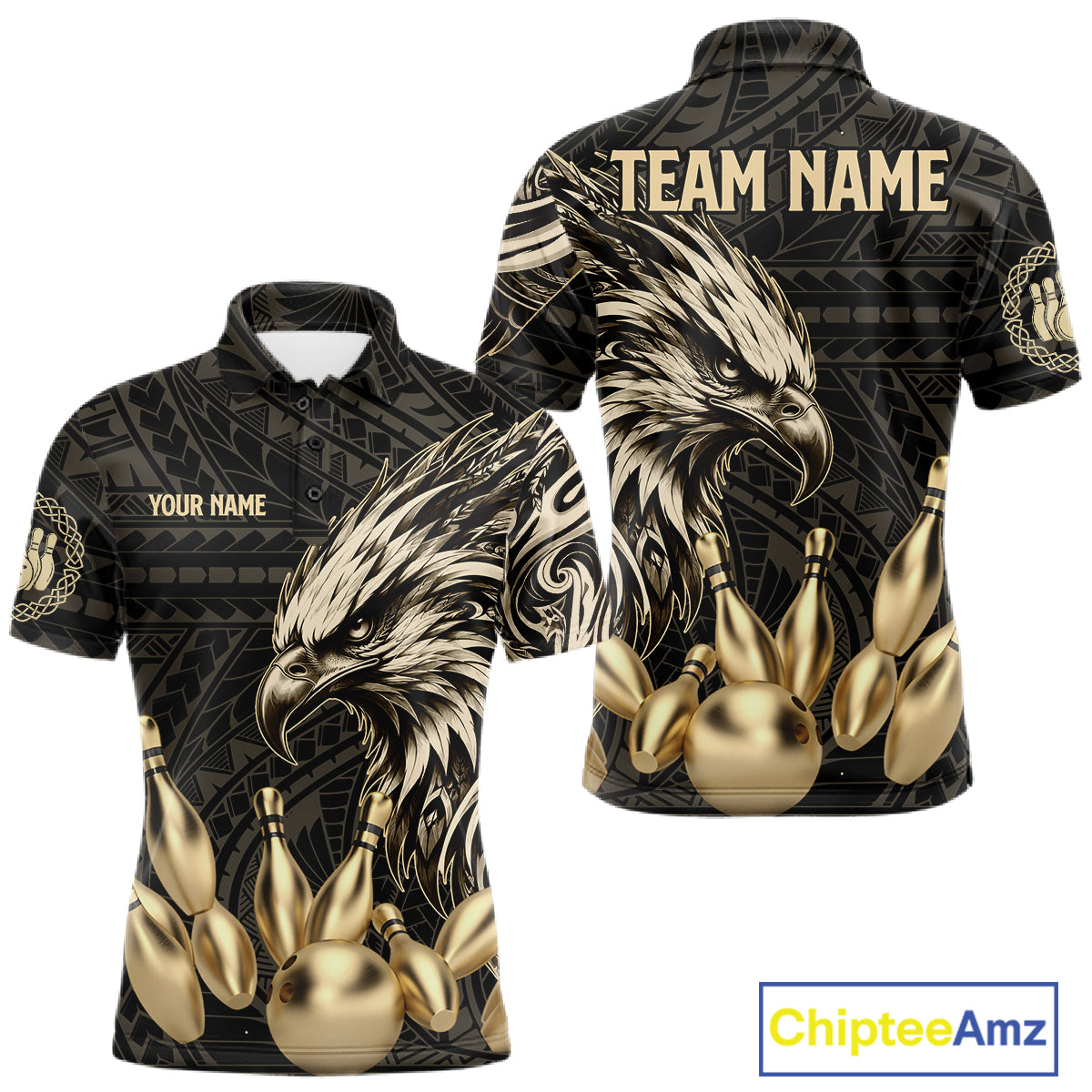 Black And Gold Custom Eagle Tribal Bowling Shirt For Men, Retro Bowling Team Jersey Polo & 1/4 Zip TDM7909