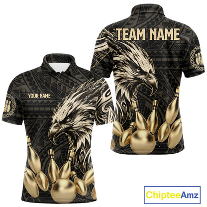 Black And Gold Custom Eagle Tribal Bowling Shirt For Men, Retro Bowling Team Jersey Polo & 1/4 Zip TDM7909