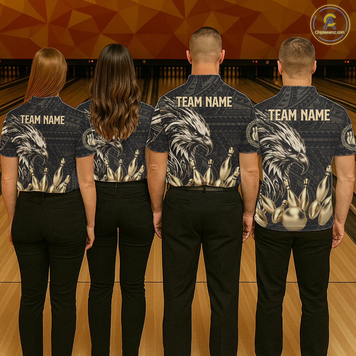 Black And Gold Custom Eagle Tribal Bowling Shirt For Men, Retro Bowling Team Jersey Polo & 1/4 Zip TDM7909