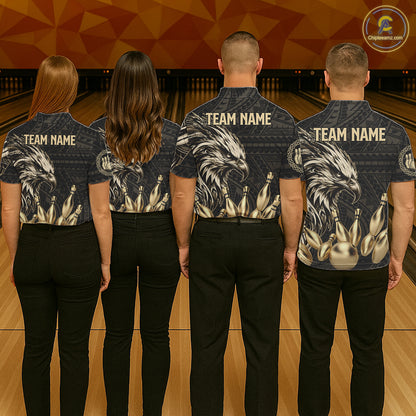 Black And Gold Custom Eagle Tribal Bowling Shirt For Men, Retro Bowling Team Jersey Polo & 1/4 Zip TDM7909