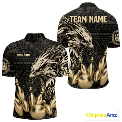 Black And Gold Custom Eagle Tribal Bowling Shirt For Men, Retro Bowling Team Jersey Polo & 1/4 Zip TDM7909