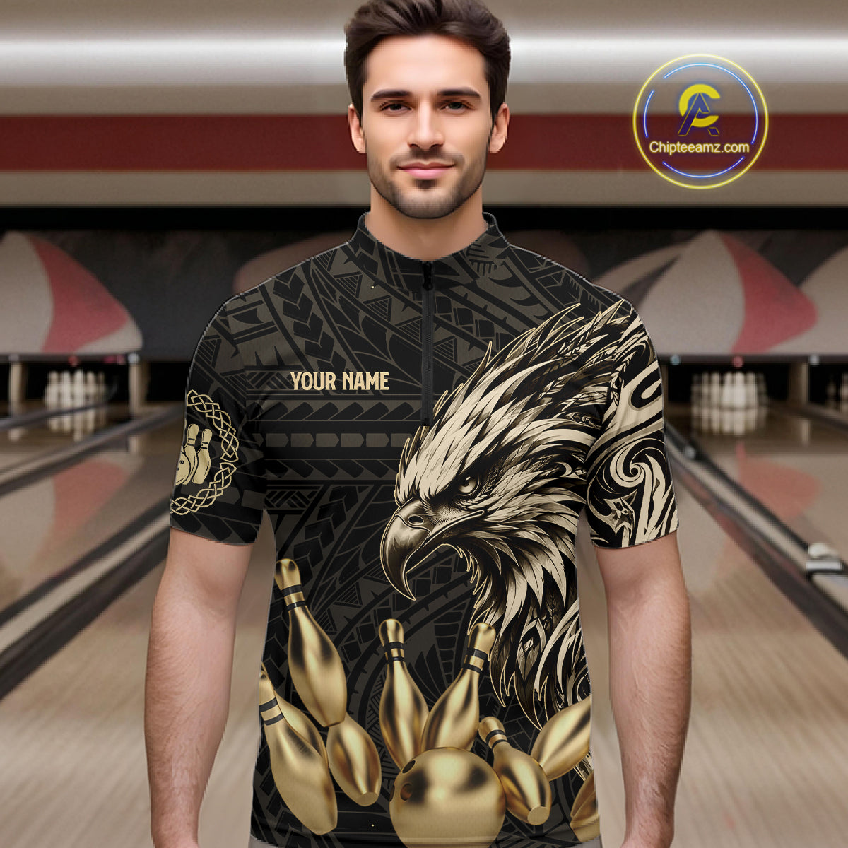 Black And Gold Custom Eagle Tribal Bowling Shirt For Men, Retro Bowling Team Jersey Polo & 1/4 Zip TDM7909
