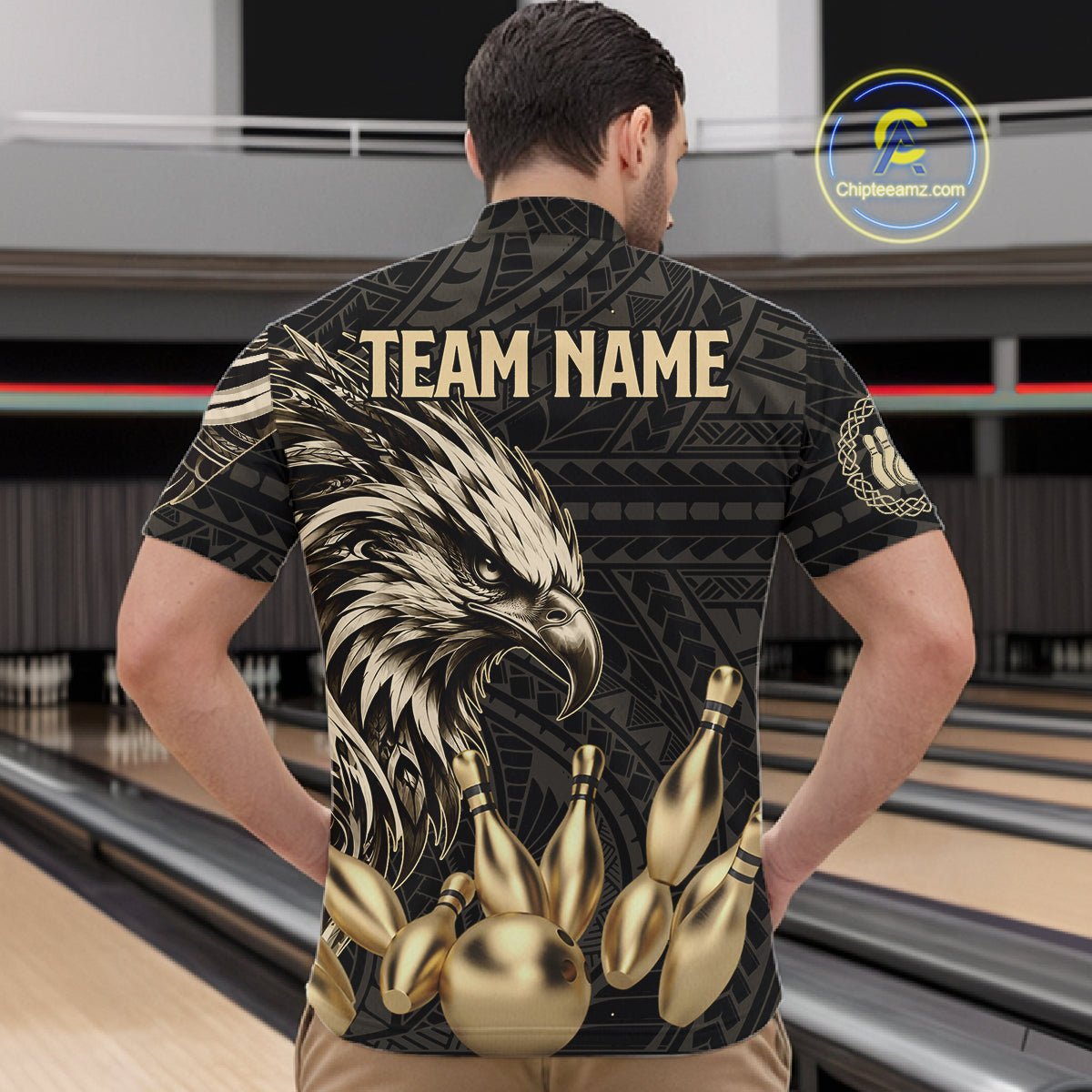 Black And Gold Custom Eagle Tribal Bowling Shirt For Men, Retro Bowling Team Jersey Polo & 1/4 Zip TDM7909