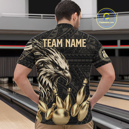 Black And Gold Custom Eagle Tribal Bowling Shirt For Men, Retro Bowling Team Jersey Polo & 1/4 Zip TDM7909
