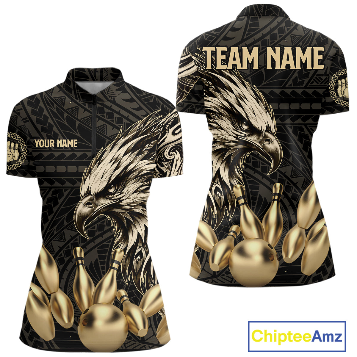 Black And Gold Custom Eagle Tribal Bowling Shirt For Women, Retro Bowling Team Jersey Polo & 1/4 Zip TDM7909