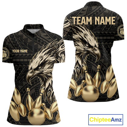 Black And Gold Custom Eagle Tribal Bowling Shirt For Women, Retro Bowling Team Jersey Polo & 1/4 Zip TDM7909