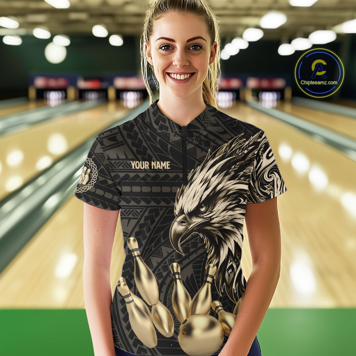 Black And Gold Custom Eagle Tribal Bowling Shirt For Women, Retro Bowling Team Jersey Polo & 1/4 Zip TDM7909
