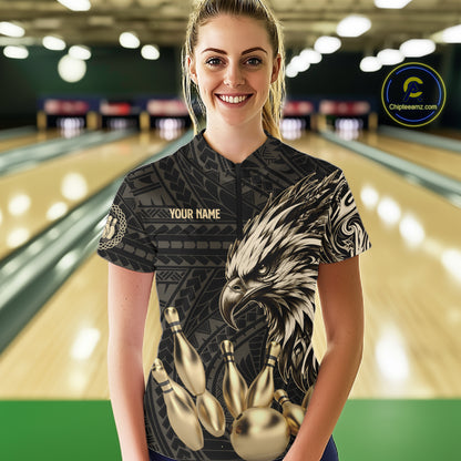 Black And Gold Custom Eagle Tribal Bowling Shirt For Women, Retro Bowling Team Jersey Polo & 1/4 Zip TDM7909