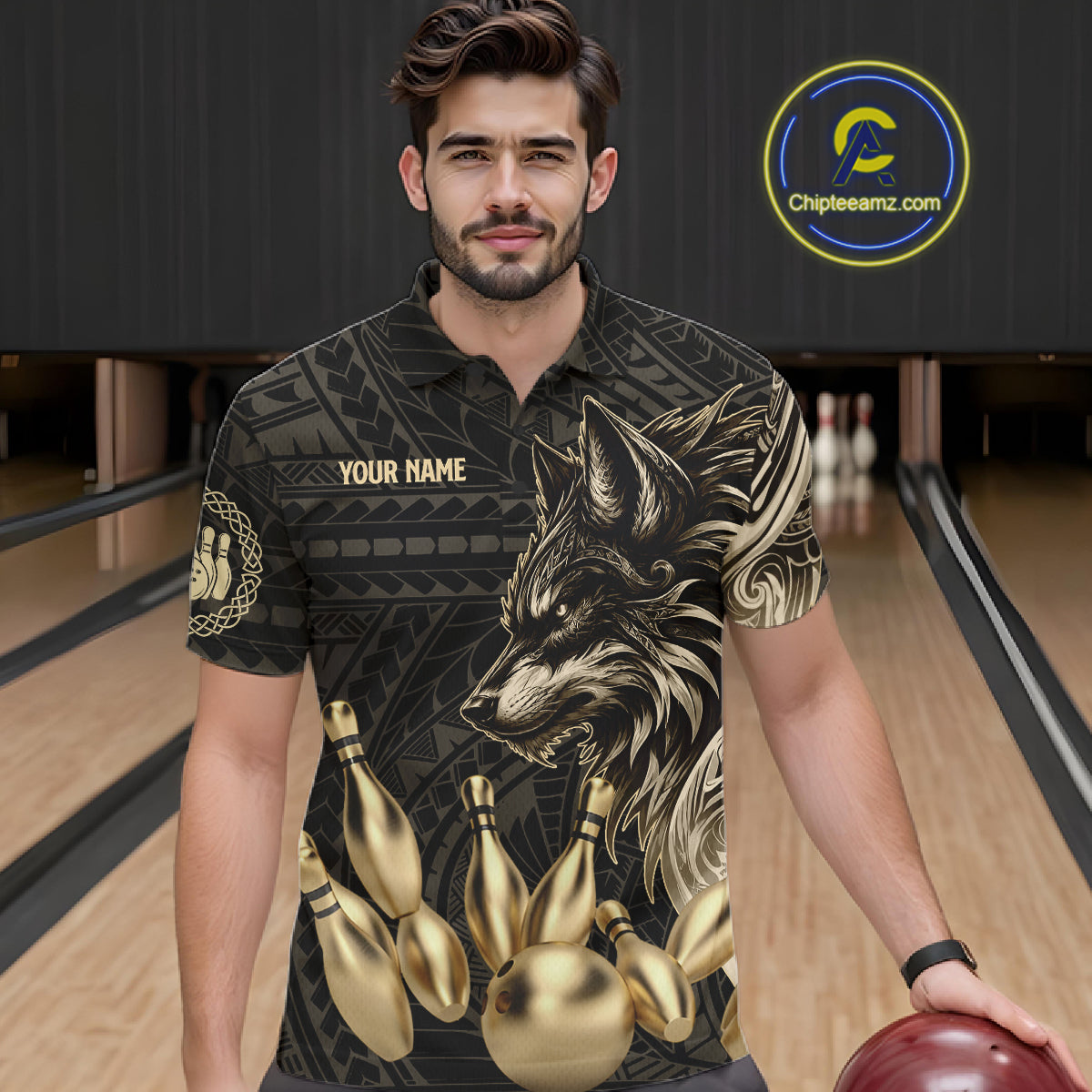 Black And Gold Custom Wolf Tribal Bowling Shirt For Men, Retro Bowling Team Jersey Polo & 1/4 Zip TDM7910