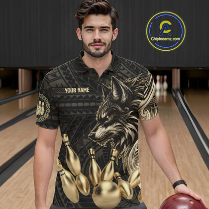 Black And Gold Custom Wolf Tribal Bowling Shirt For Men, Retro Bowling Team Jersey Polo & 1/4 Zip TDM7910