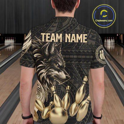 Black And Gold Custom Wolf Tribal Bowling Shirt For Men, Retro Bowling Team Jersey Polo & 1/4 Zip TDM7910
