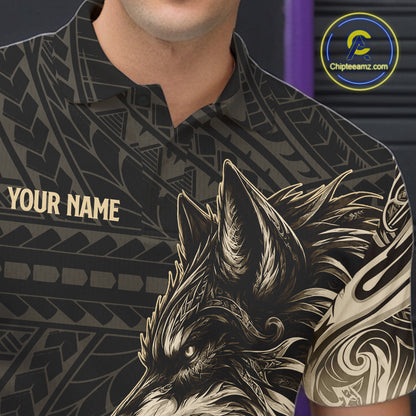 Black And Gold Custom Wolf Tribal Bowling Shirt For Men, Retro Bowling Team Jersey Polo & 1/4 Zip TDM7910