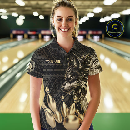 Black And Gold Custom Wolf Tribal Bowling Shirt For Women, Retro Bowling Team Jersey Polo & 1/4 Zip TDM7910
