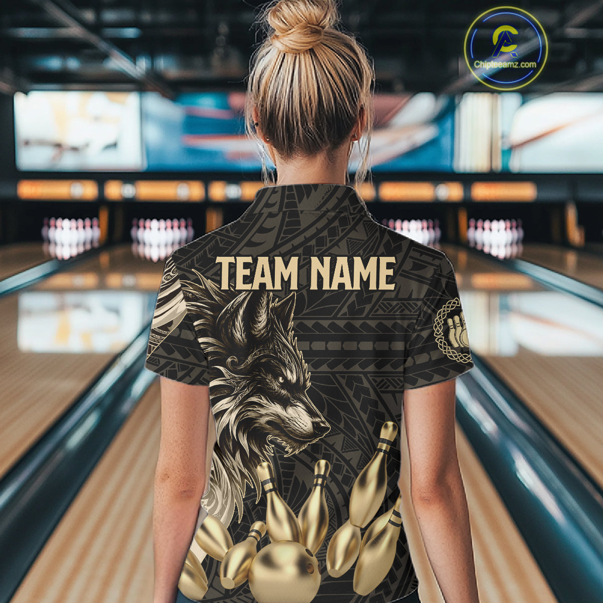 Black And Gold Custom Wolf Tribal Bowling Shirt For Women, Retro Bowling Team Jersey Polo & 1/4 Zip TDM7910