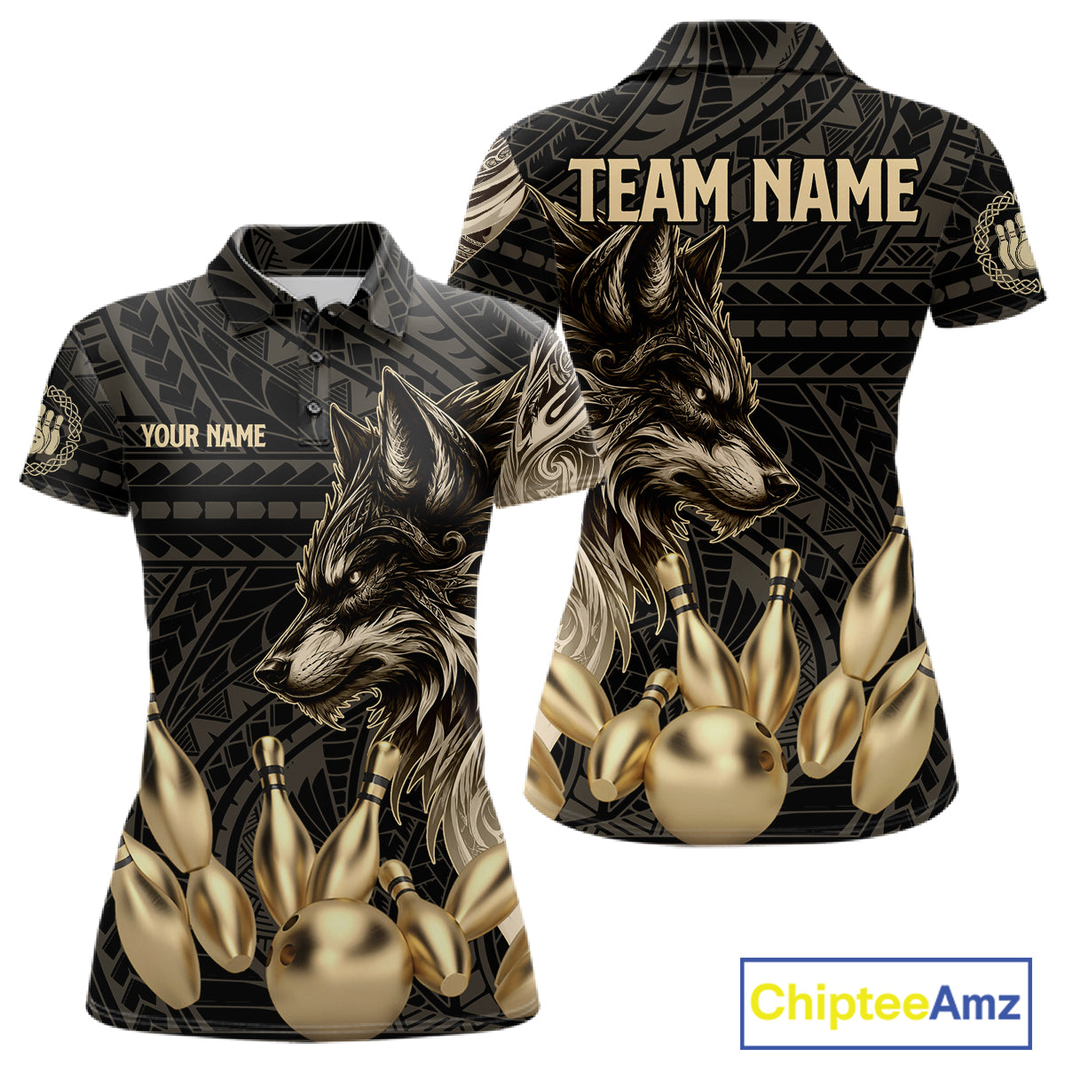 Black And Gold Custom Wolf Tribal Bowling Shirt For Women, Retro Bowling Team Jersey Polo & 1/4 Zip TDM7910