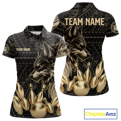 Black And Gold Custom Wolf Tribal Bowling Shirt For Women, Retro Bowling Team Jersey Polo & 1/4 Zip TDM7910