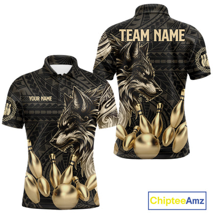 Black And Gold Custom Wolf Tribal Bowling Shirt For Men, Retro Bowling Team Jersey Polo & 1/4 Zip TDM7910