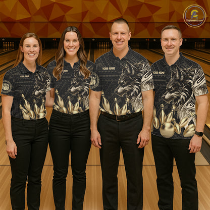 Black And Gold Custom Wolf Tribal Bowling Shirt For Men, Retro Bowling Team Jersey Polo & 1/4 Zip TDM7910
