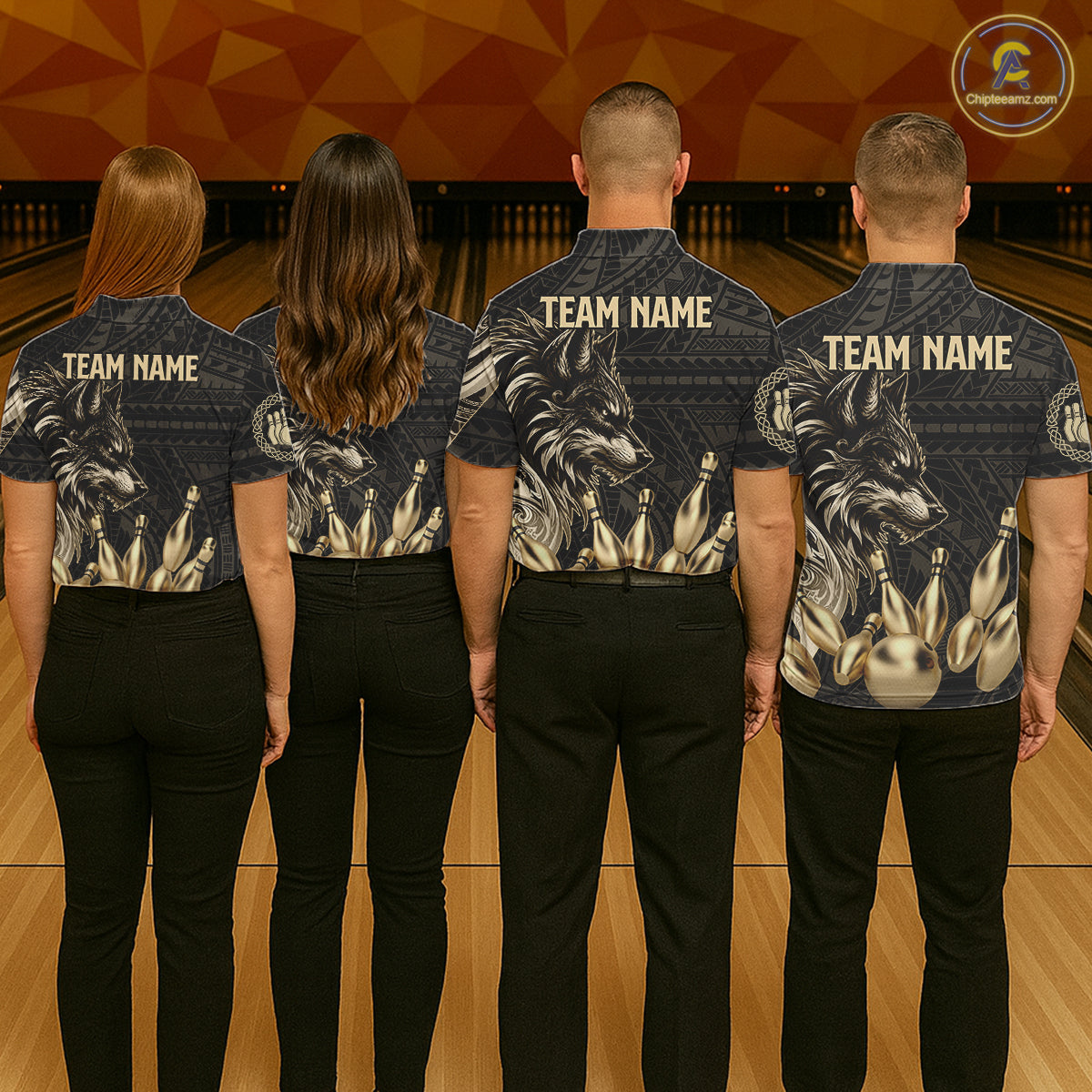 Black And Gold Custom Wolf Tribal Bowling Shirt For Men, Retro Bowling Team Jersey Polo & 1/4 Zip TDM7910