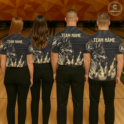 Black And Gold Custom Wolf Tribal Bowling Shirt For Men, Retro Bowling Team Jersey Polo & 1/4 Zip TDM7910
